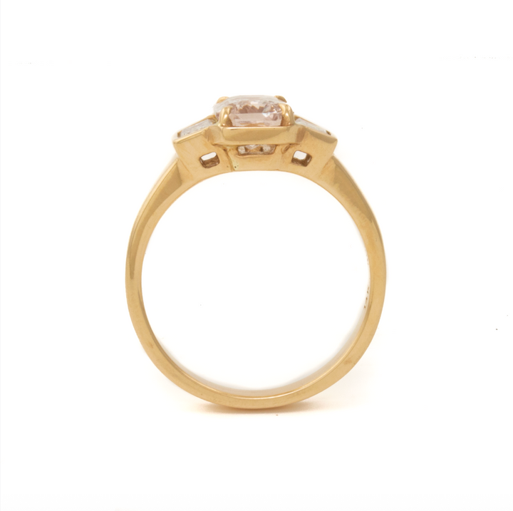 14K 1.70 Unheated Radiant Peach Sapphire + Side Trap Diamonds Ring