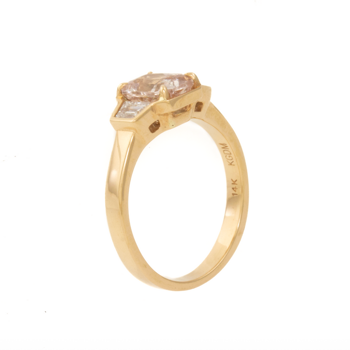 14K 1.70 Unheated Radiant Peach Sapphire + Side Trap Diamonds Ring