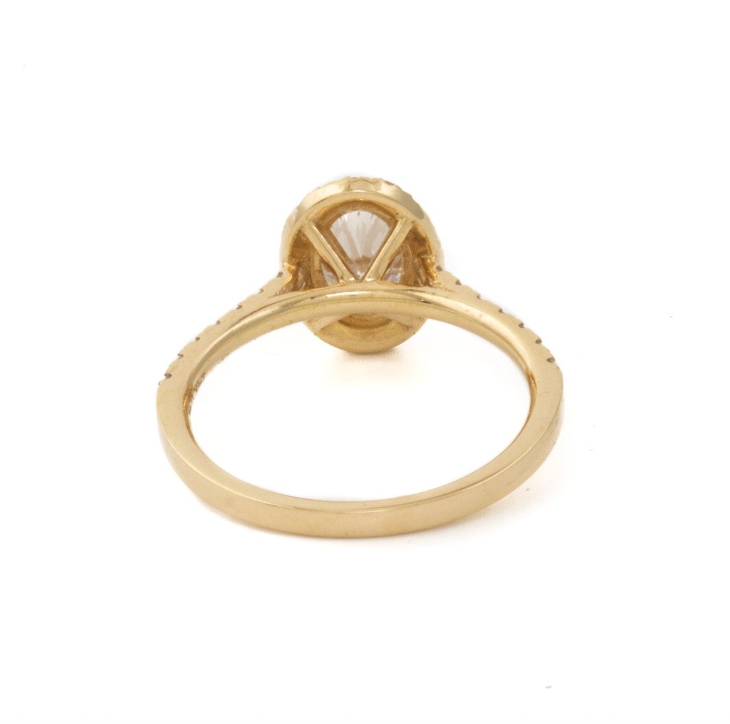 14K Yellow Gold Engagement Ring set w/ LGD Oval 1.00ct VVS2 D and rbc 32=0.41ct Diamond Halo and 1/2 Eternity Pavew VS F size 6