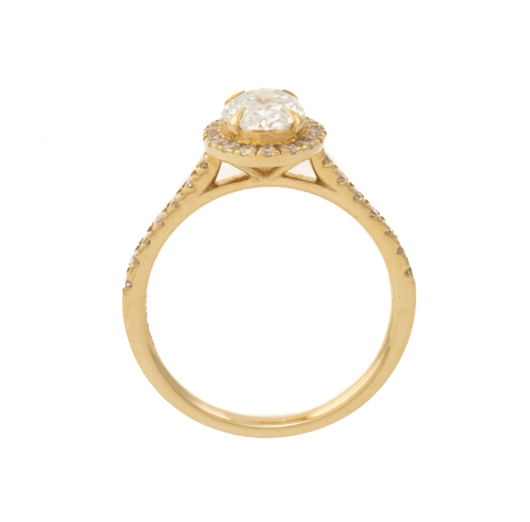14K Yellow Gold Engagement Ring set w/ LGD Oval 1.00ct VVS2 D and rbc 32=0.41ct Diamond Halo and 1/2 Eternity Pavew VS F size 6