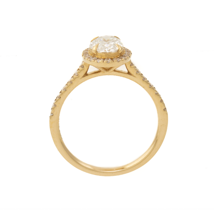 14K Yellow Gold Engagement Ring set w/ LGD Oval 1.00ct VVS2 D and rbc 32=0.41ct Diamond Halo and 1/2 Eternity Pavew VS F size 6