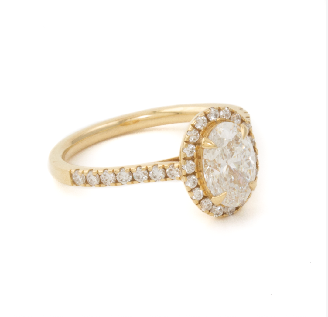 14K Yellow Gold Engagement Ring set w/ LGD Oval 1.00ct VVS2 D and rbc 32=0.41ct Diamond Halo and 1/2 Eternity Pavew VS F size 6