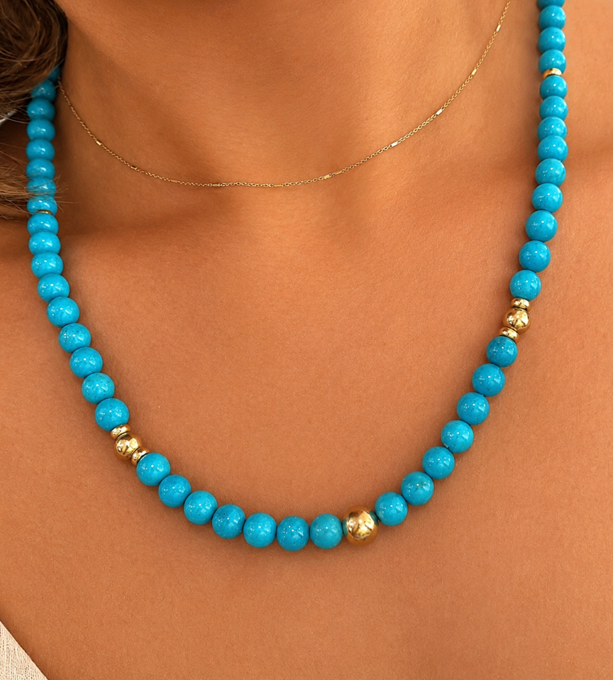 14k Yellow Gold 7 mm Sleeping Beauty Turquoise Necklace