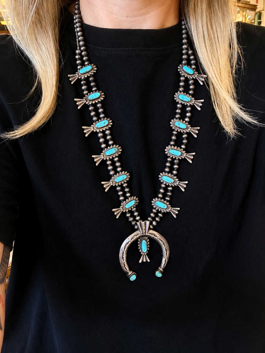 1960'S Sandcast Navajo Natural Turquoise Squash Blossom Necklace