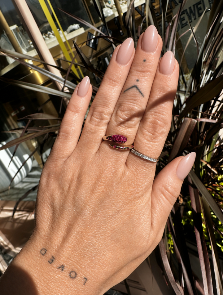 14K Yellow Gold Snke Ring with Ruby's