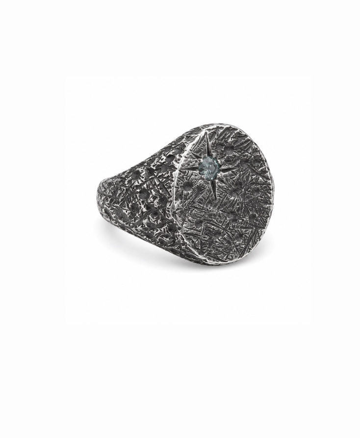 Distressed Oval X Silver Sapphire Signet Ring