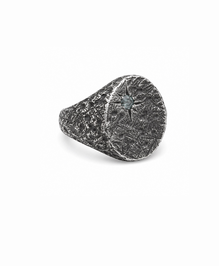 Distressed Oval X Silver Sapphire Signet Ring