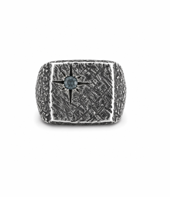 Square Silver X Sapphire Signet Ring
