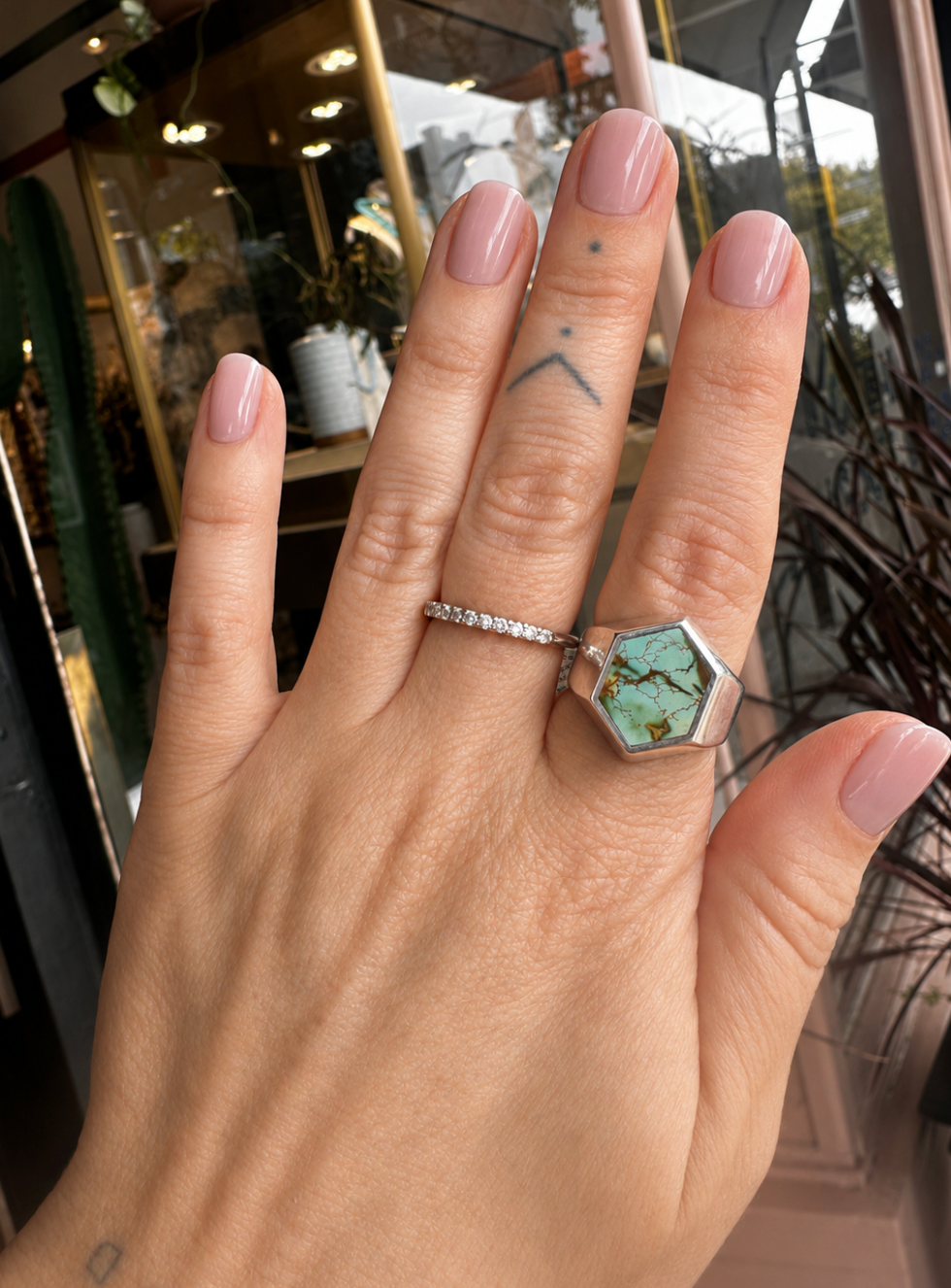 Hubei Turquoise Silver Hexagon Inlay Ring