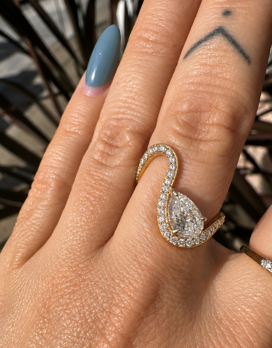 Asymmetric 1ct Pear & 0.5ct Round Lab Diamond Pavé Bypass Ring