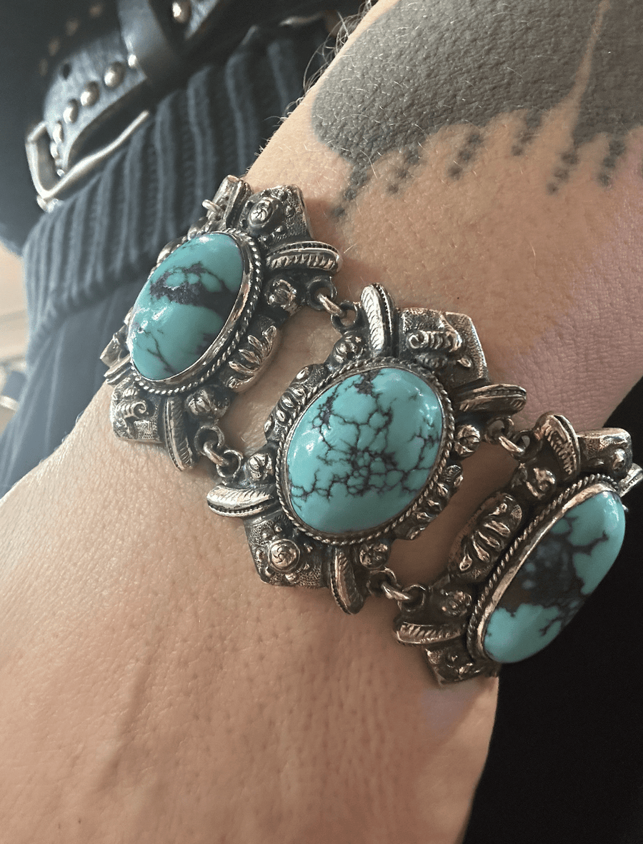 Antique Hubei Turquoise Silver Bracelet - Kingdom Jewelry