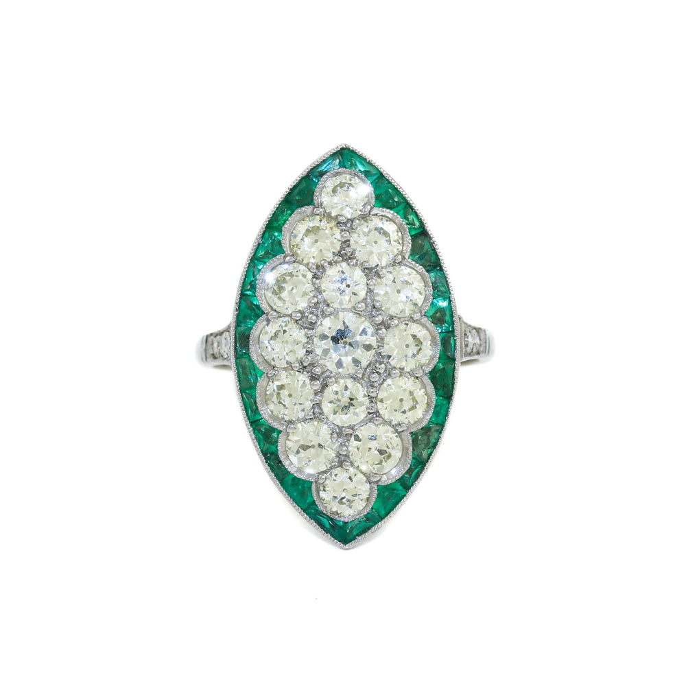 Antique Platinum x European Diamond & Emerald Cocktail Ring - Kingdom Jewelry