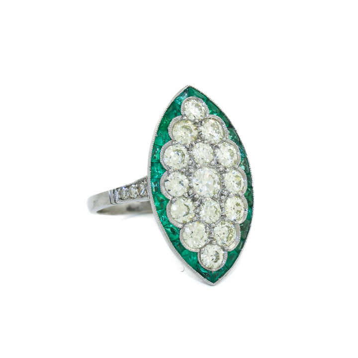 Antique Platinum x European Diamond & Emerald Cocktail Ring - Kingdom Jewelry