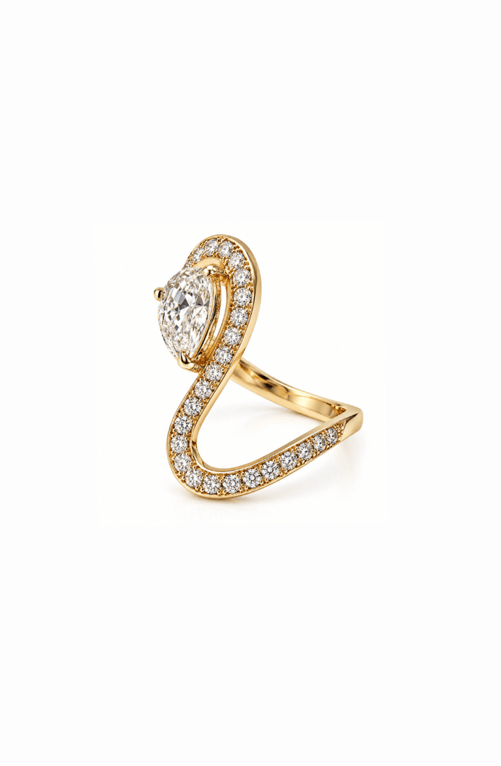 Asymmetric 1ct Pear & 0.5ct Round Lab Diamond Pavé Bypass Ring - Kingdom Jewelry