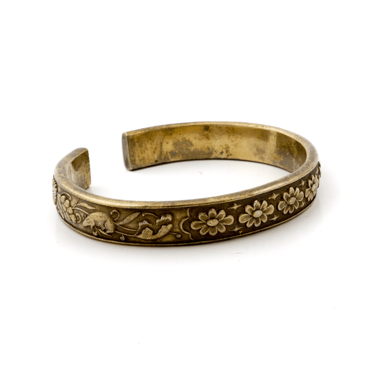 Brass x Vintage 1950's Floral "Year of The Rat" Chinese Bangle - Kingdom Jewelry