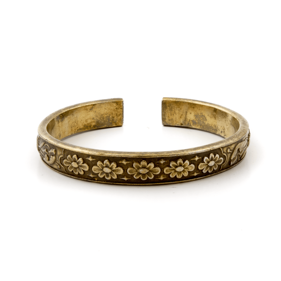 Brass x Vintage 1950's Floral "Year of The Rat" Chinese Bangle - Kingdom Jewelry