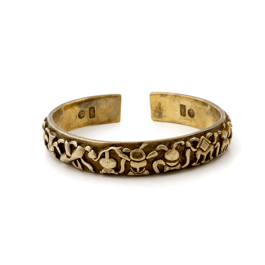Brass x Vintage 1950's Floral "Year of The Rat" Chinese Bangle - Kingdom Jewelry