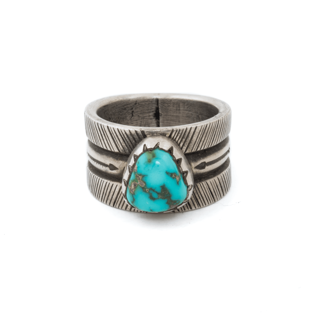 Coin Silver x Chaynee Turquoise "Falcon Trading Company" Arrow Band - Kingdom Jewelry