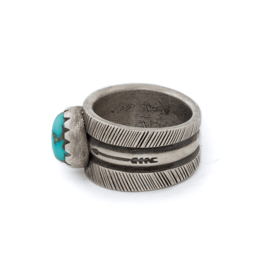 Coin Silver x Chaynee Turquoise "Falcon Trading Company" Arrow Band - Kingdom Jewelry