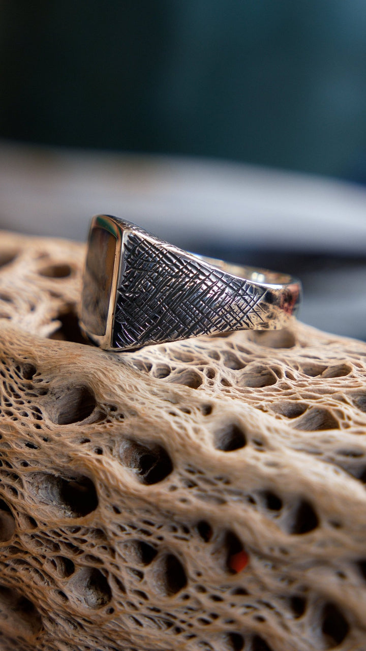 Crosshatched Silver x Square Pietersite Inlay Ring - Kingdom Jewelry
