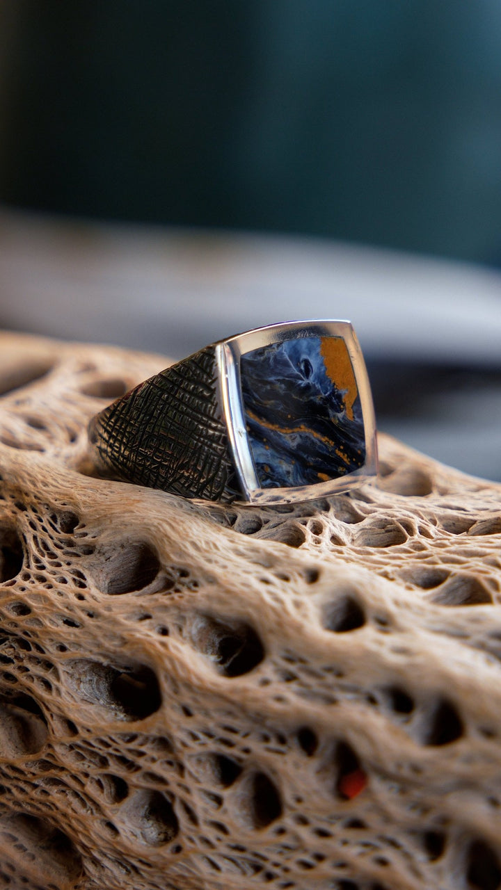 Crosshatched Silver x Square Pietersite Inlay Ring - Kingdom Jewelry