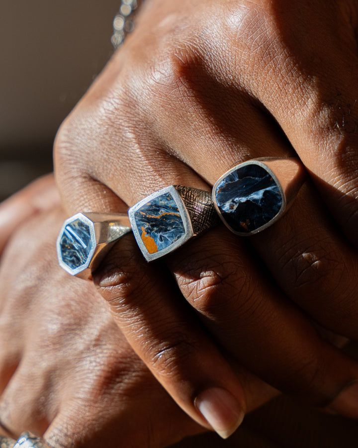 Crosshatched Silver x Square Pietersite Inlay Ring - Kingdom Jewelry