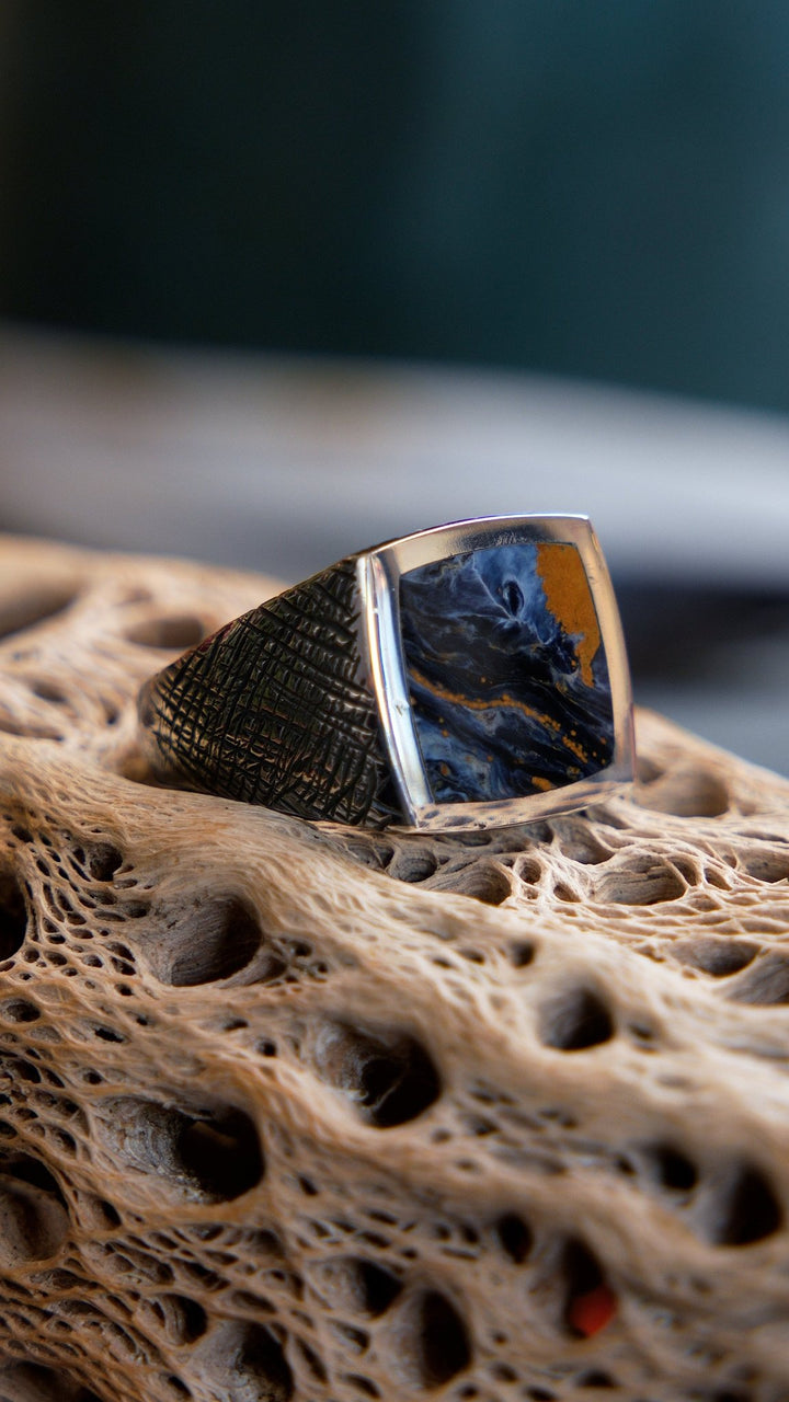 Crosshatched Silver x Square Pietersite Inlay Ring - Kingdom Jewelry