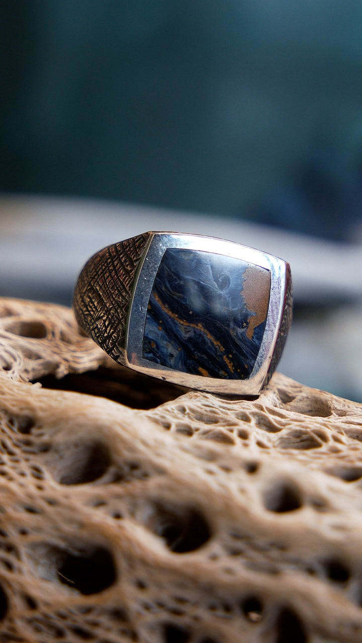 Crosshatched Silver x Square Pietersite Inlay Ring - Kingdom Jewelry