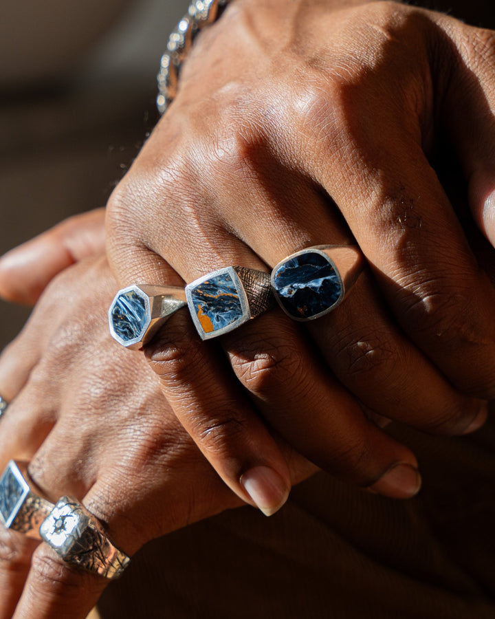 Crosshatched Silver x Square Pietersite Inlay Ring - Kingdom Jewelry
