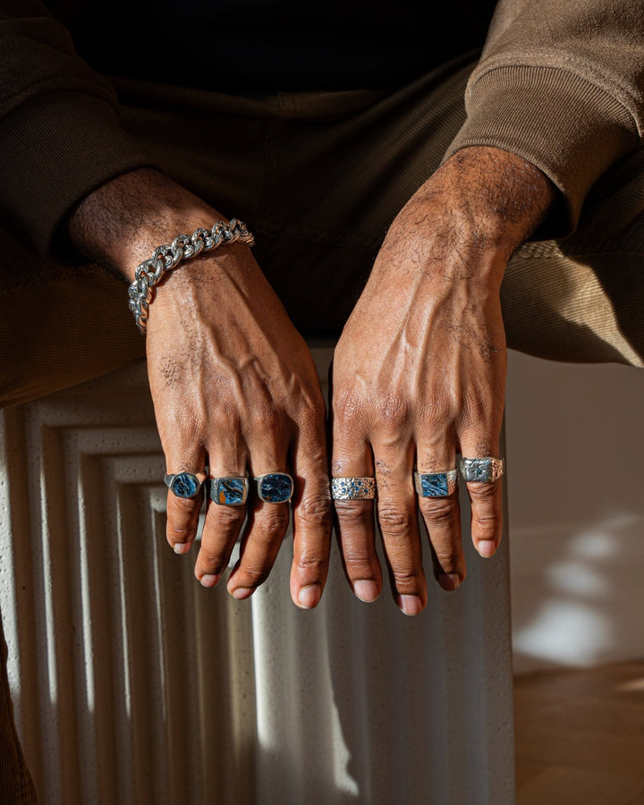 Crosshatched Silver x Square Pietersite Inlay Ring - Kingdom Jewelry