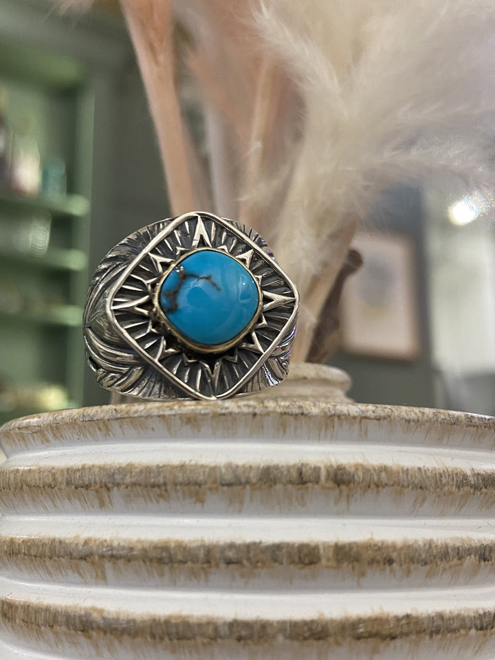 Diamond Sun 925 Sterling Silver x/ 14k Yellow Bezel Set Turquoise size 11.25 - Kingdom Jewelry