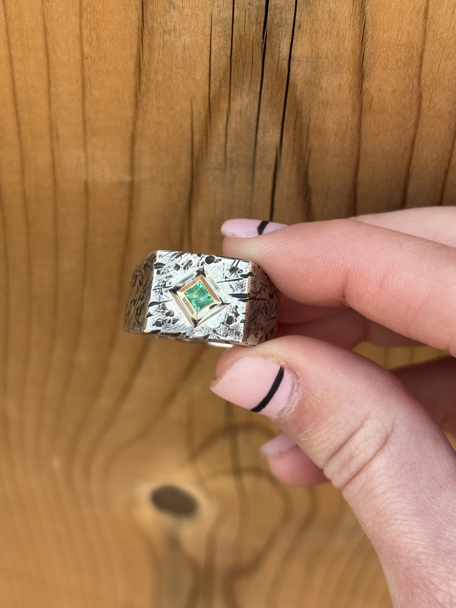 Emerald x Silver and 14k Gold Bezel 'Quadra' Ring - 9.75 - Kingdom Jewelry