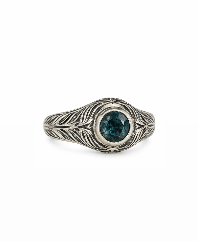 Feather Engraving Montana sapphire Signet Ring - Kingdom Jewelry
