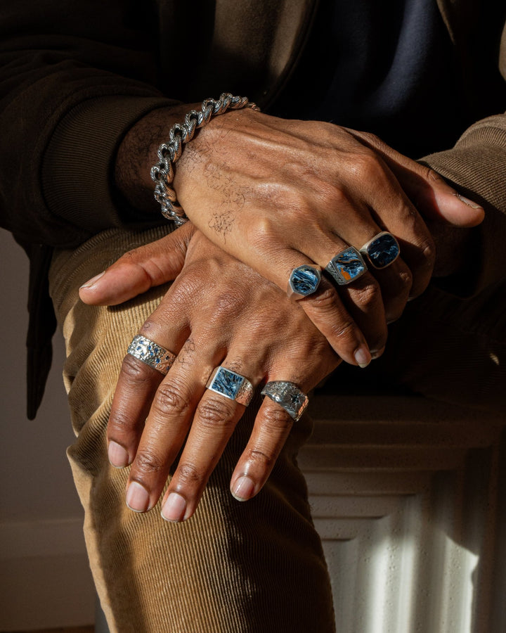 Hammered Silver x Rectangular Pietersite Inlay Ring - Kingdom Jewelry