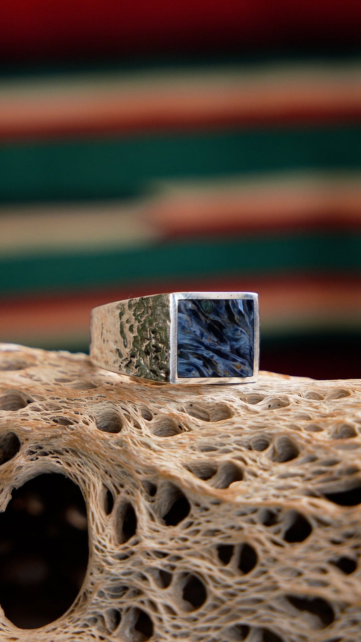 Hammered Silver x Rectangular Pietersite Inlay Ring - Kingdom Jewelry
