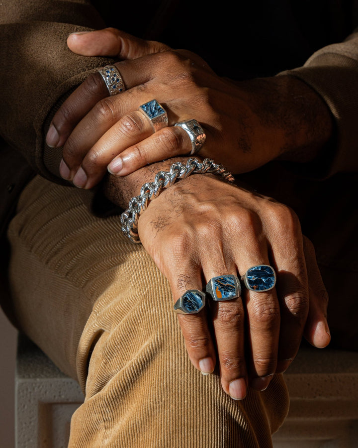 Hammered Silver x Rectangular Pietersite Inlay Ring - Kingdom Jewelry