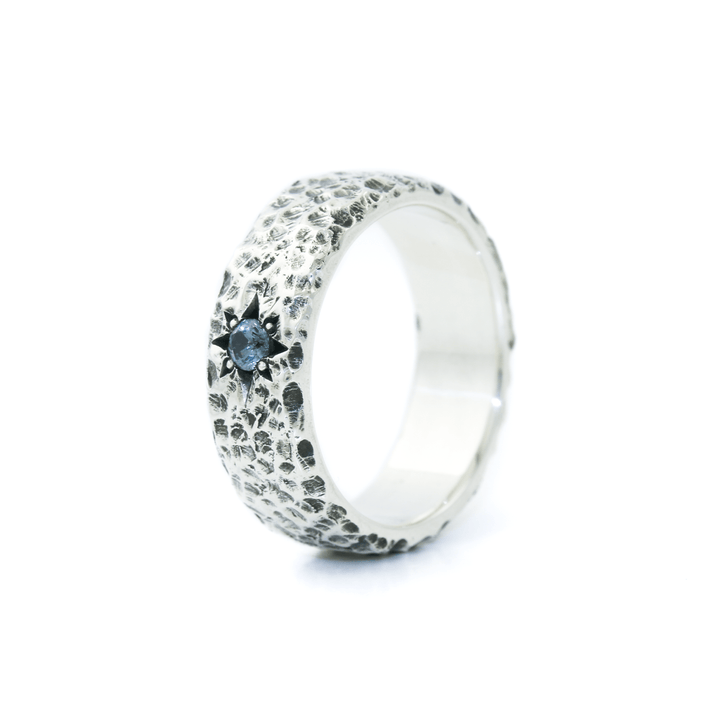 Hand - Hammered Silver x Montana Sapphire "Aster" 6mm Band - Kingdom Jewelry