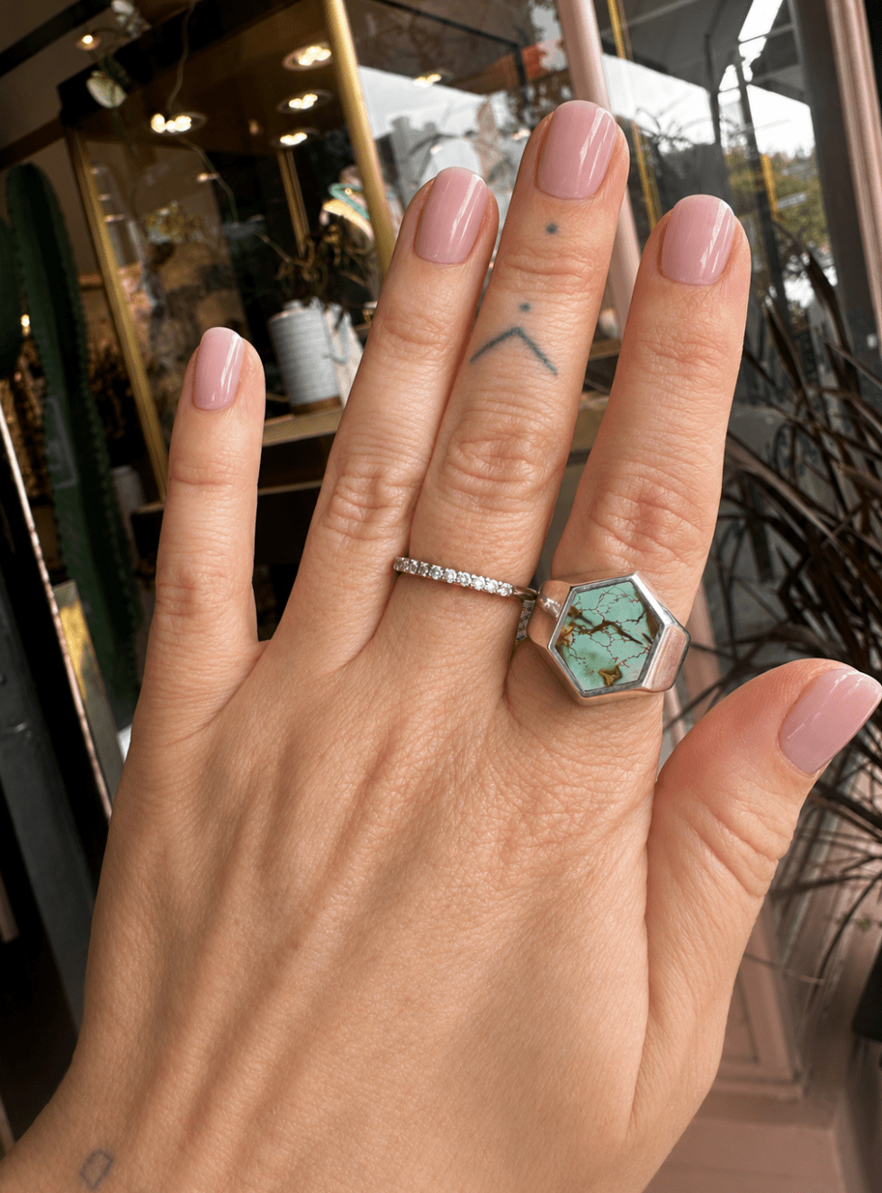 Hubei Turquoise Silver Hexagon Inlay Ring - Kingdom Jewelry