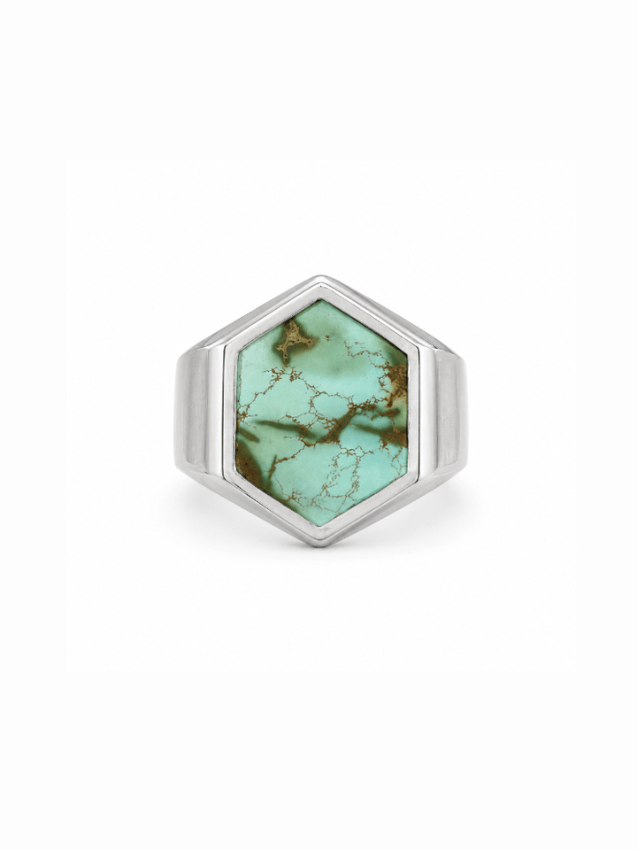Hubei Turquoise Silver Hexagon Inlay Ring - Kingdom Jewelry