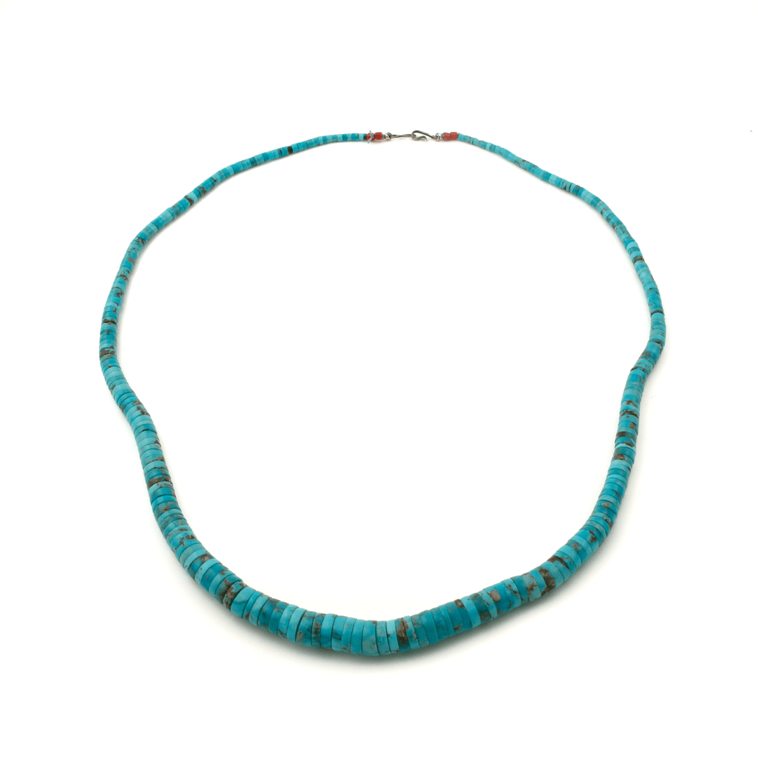 Long Graduated Mixed Blue Turquoise & Red Coral Beaded Heishi Necklace - Kingdom Jewelry