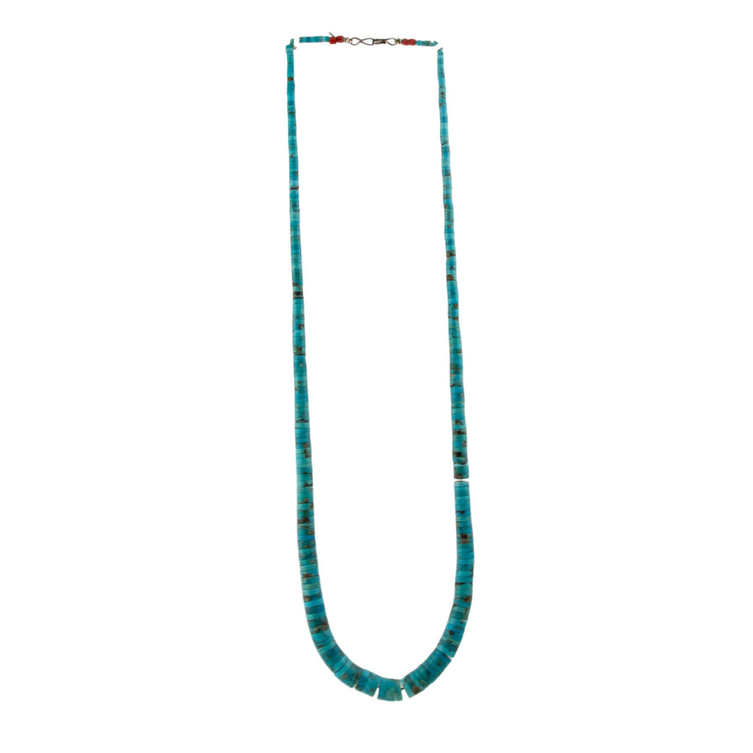 Long Graduated Mixed Blue Turquoise & Red Coral Beaded Heishi Necklace - Kingdom Jewelry