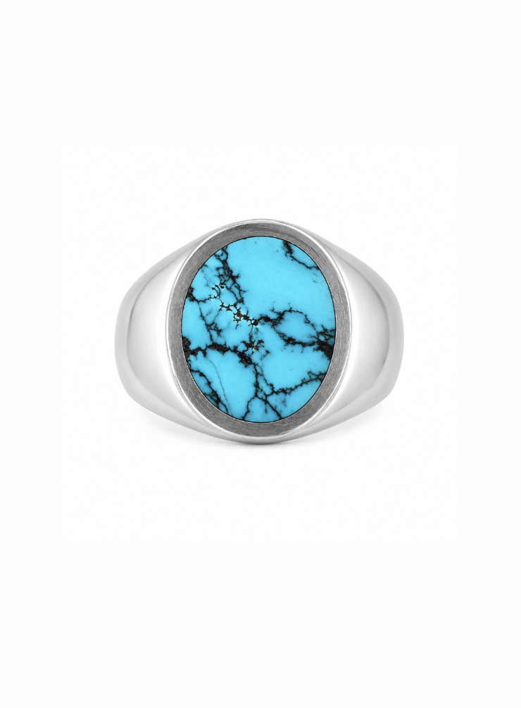 Natural Egyption Turquoise X Oval Silver Inlay Ring - Kingdom Jewelry
