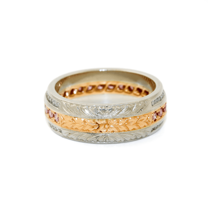 Platinum + 18k Two - Tone x 6mm Pink & White Diamond Filigree Band - Kingdom Jewelry