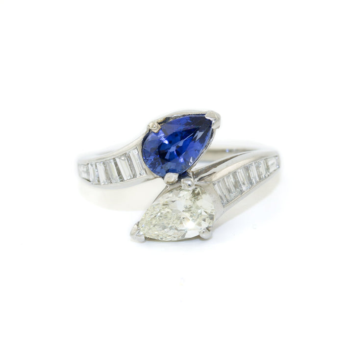 Platinum x 1.15ct Twin Pear Sapphire & Diamond Bypass Ring - Kingdom Jewelry