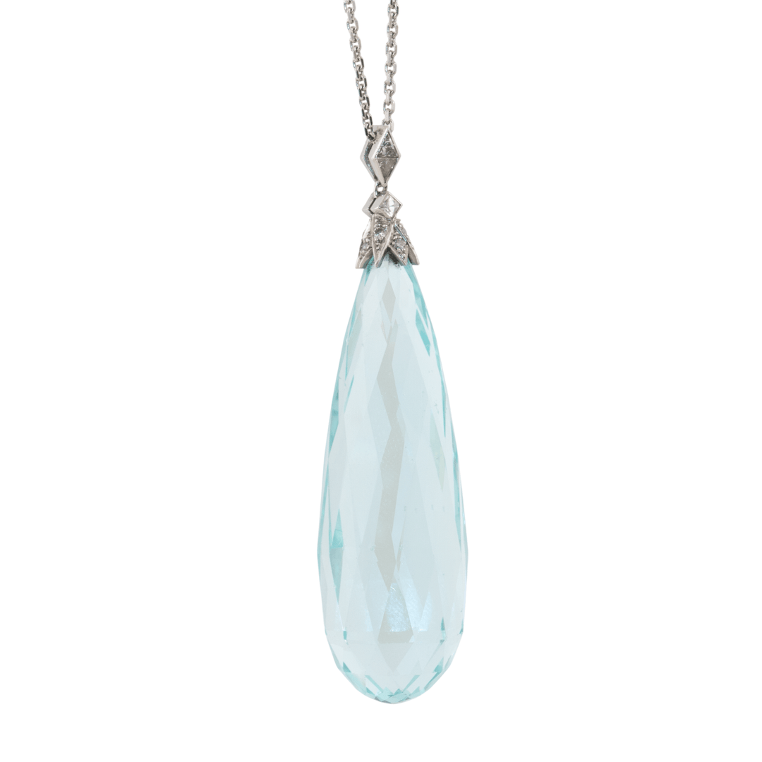 Platinum x Antique 84.6ct Briolette Aquamarine & Pavé Diamond Pendant Necklace - Kingdom Jewelry