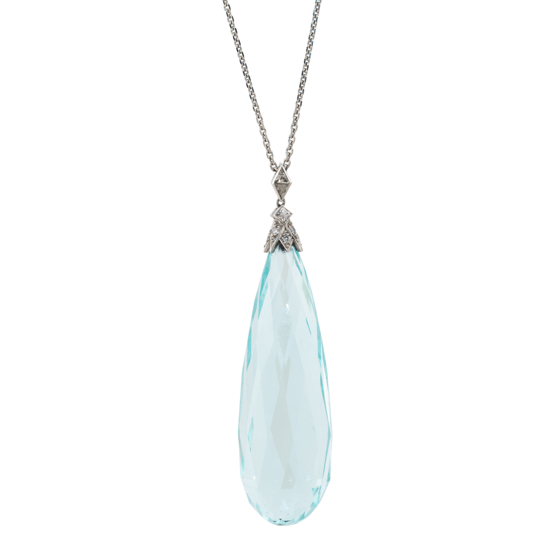 Platinum x Antique 84.6ct Briolette Aquamarine & Pavé Diamond Pendant Necklace - Kingdom Jewelry