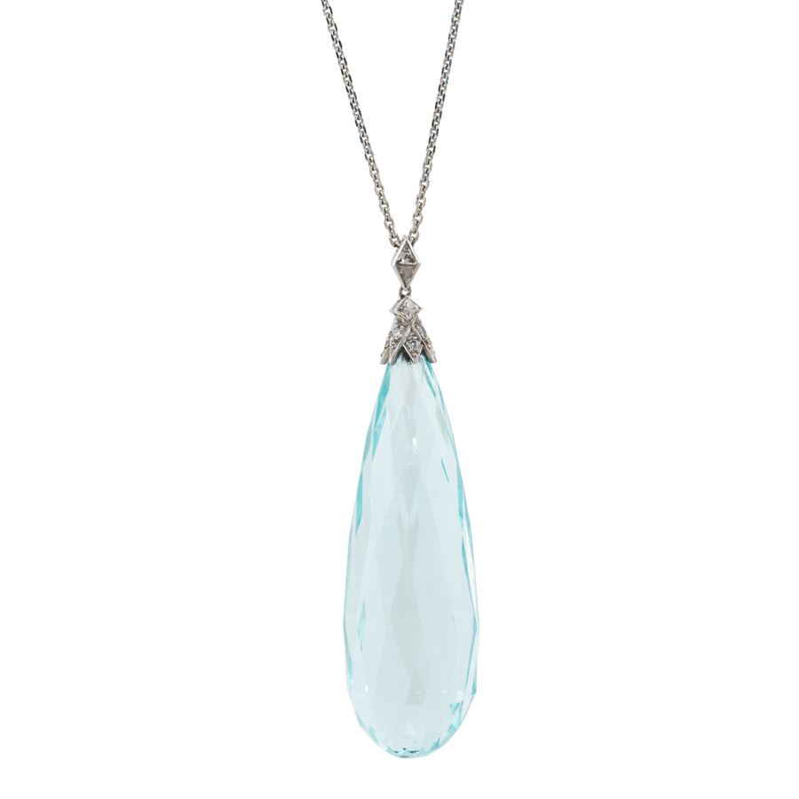 Platinum x Antique 84.6ct Briolette Aquamarine & Pavé Diamond Pendant Necklace - Kingdom Jewelry