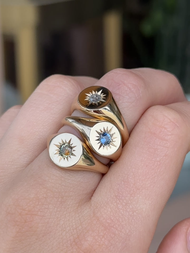 14k Gold x Blue Sapphire Starburst Solitaire Signet