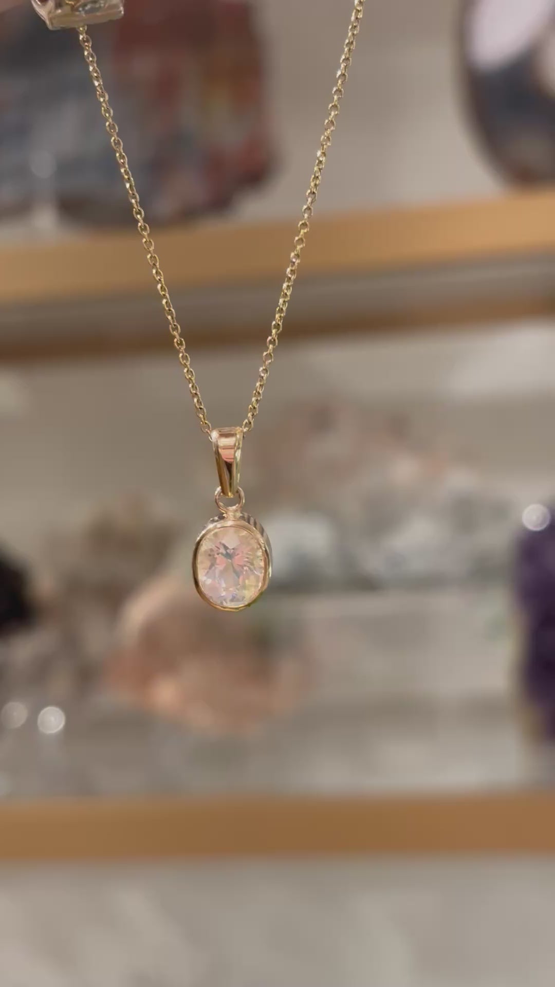 14K Yellow Gold Oval Rainbow Moonstone Pendant