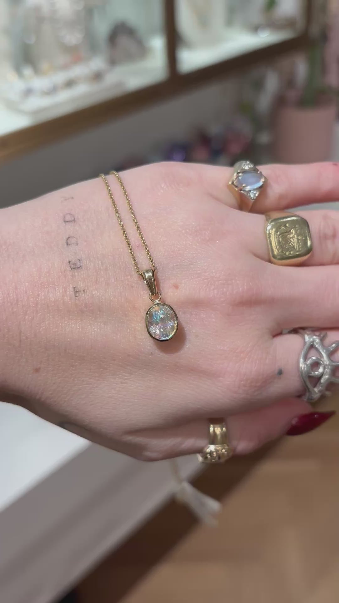 14K Yellow Gold Oval Rainbow Moonstone Pendant